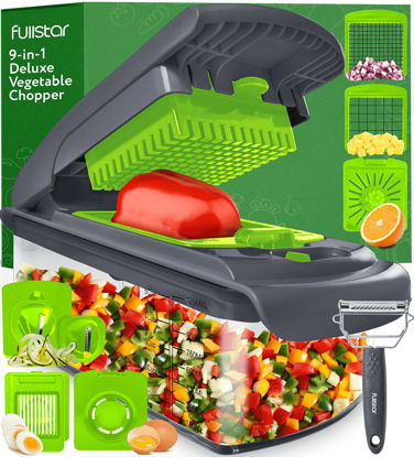 Picture of Fullstar Vegetable Chopper - Spiralizer Vegetable Slicer - Onion Chopper with Container - Pro Food Chopper - Slicer Dicer Cutter - (9 in 1, Gray/Green)