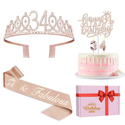 Picture of 34th Birthday Decorations for Women Including 34th Birthday Sash for Women, Tiara/Crown, Numeral 34 Candles and Cake Topper, Rose Gold 34th Birthday Gifts for Women Birthday Decorations Favor Supplies