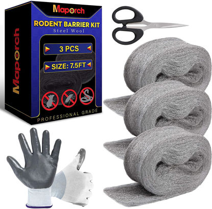 Picture of MAPORCH Steel Wool for Mice Control - 3 Pack, 3.2"x7.5 ft Wool, Gap Filler for Home & Garage, DIY Bundle with Gloves & Scissors