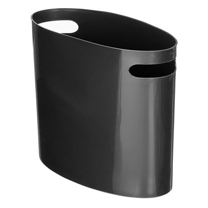 Picture of mDesign Modern Oval Plastic Compact Trash Can Wastebasket, Garbage Container Bin for Bathroom, Kitchen, Laundry Room, Home Office, Dorms - Built-in Handles - Black