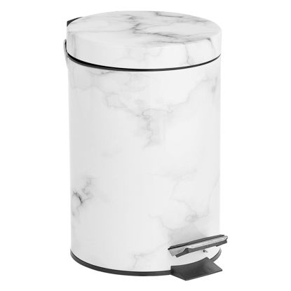 Picture of mDesign Metal/Steel 3-Liter Round Small Step Trash Can with Lid, Foot Pedal Waste Basket, Lidded Garbage Bin with Removable Liner Bucket; for Bathroom; Holds Trash, Recycling - White Marble