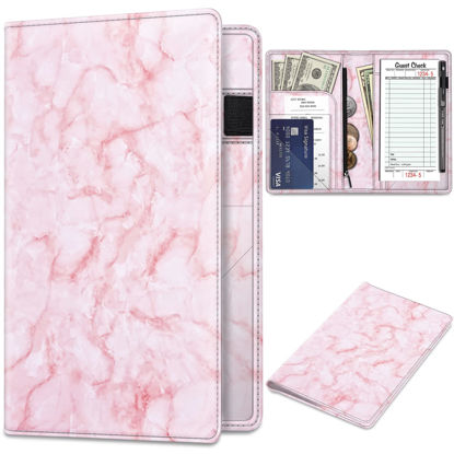 Picture of Server Book Organizer with Zipper Pocket, Fintie PU Leather Restaurant Guest Check Presenters Card Holder for Waitress, Waiter, Bartender (Gradient Marble Pink)