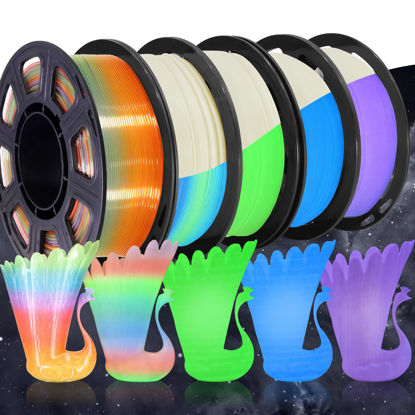 Picture of TTYT3D PLA 3D Printer Filament 5 in 1 Bundle: Glow in Dark Green/Blue/Purple/Rainbow, One Spool Clear Multi Colored, Each Spool 250g, Total 1.25Kg 3D Printing Material, 250g x 5 Spools PLA