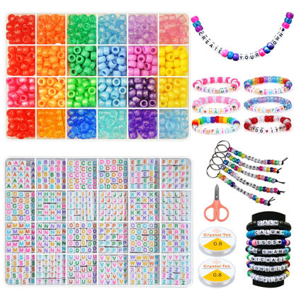 Picture of 1300pcs Pony Beads for Bracelet Making Kit 24 Colors Kandi Beads Barrel Beads Set and Letter Beads with Elastic String and Storage Box for Hair Braiding DIY Bracelet Necklace Key Chain Jewelry Making
