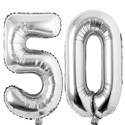 Picture of 50 Number Balloons Silver 50 Years old Big Large Giant Jumbo Foil Mylar Number Balloons for Women Men Party Supplies 50 Anniversary Events Decorations Balloon