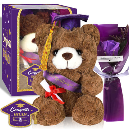 Picture of Sawowkuya Graduation Gifts Set Class of 2023 Graduation Stuffed Teddy Bear with Soap Artificial Flower Congrats Grad Card and Graduation Box with Window Graduation Gifts for Her Him (Purple)