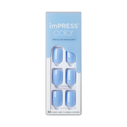 Picture of KISS imPRESS Color Press-On Nails, Nail Kit, PureFit Technology, Short Length, “Baby Why So Blue”, Polish-Free Solid Color Manicure, Includes Prep Pad, Mini Nail File, Cuticle Stick, and 30 Fake Nails
