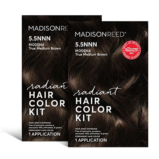 Picture of Madison Reed Radiant Hair Color Kit, Permanent Hair Dye, 100% Gray Coverage, Ammonia-Free, Modena Brown 5.5NNN Medium Brown for Resistant Grays, Pack of 2
