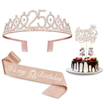 Picture of 25th Birthday Decorations for Women Including 25th Birthday Sash for Women, Tiara/Crown, Numeral 25 Candles and Cake Topper, Rose Gold 25th Birthday Gifts for Women Birthday Decorations Favor Supplies