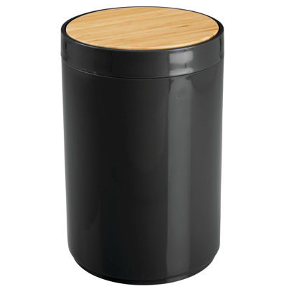 Picture of mDesign Plastic Round Trash Can Small Wastebasket, Garbage Bin Container with Swing-Close Lid, Kitchen, Bathroom, Home Office, Bedroom Basket; Holds Waste, Recycling,1.3 Gallon - Black/Natural