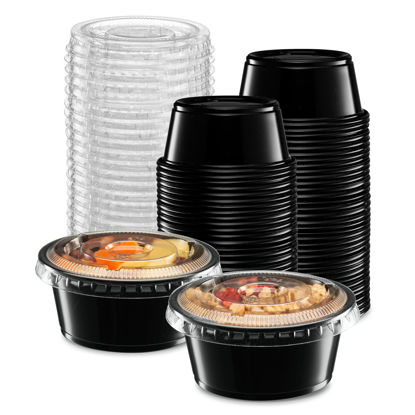 Picture of {3.25 oz - 100 Sets} Black Diposable Plastic Portion Cups With Lids, Small Mini Containers For Portion Controll, Jello Shots, Meal Prep, Sauce Cups, Slime, Condiments, Medicine, Dressings, Crafts, Disposable Souffle Cups & Much more