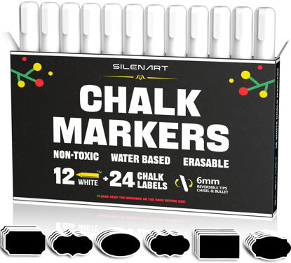 Picture of SILENART White Chalk Markers - 12 Pack - White Dry Erase Markers - Liquid Chalk Markers for Chalkboard Signs, Windows, Blackboard, Glass - 3-6mm Chisel Tip, 3mm Fine Tip
