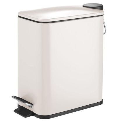 Picture of mDesign Slim Metal Rectangle 1.3 Gallon Trash Can with Step Pedal, Easy-Close Lid, Removable Liner - Narrow Wastebasket Garbage Container Bin for Bathroom, Bedroom, Kitchen, Office - Matte Cream/Beige