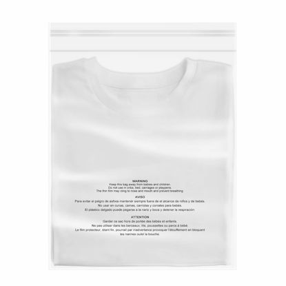 Picture of 100 Count - 13" x 15", Self Seal 1.6 Mil Clear Plastic Poly Bags with Suffocation Warning for Clothing, T-Shirts, Pants-Resealable Adhesive,Not Strong
