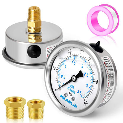 Picture of MEANLIN MEASURE 0~50Psi Stainless Steel 1/4" NPT 2.5" FACE DIAL Liquid Filled Pressure Gauge WOG Water Oil Gas Center Back Mount