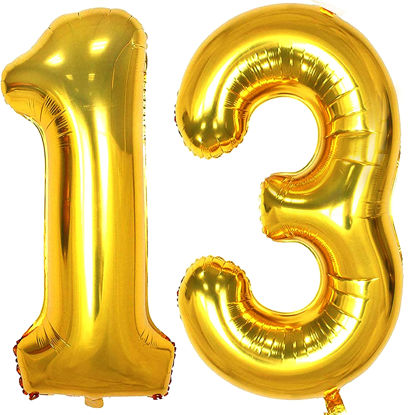 Picture of 13 Number Balloons Gold Big Giant Jumbo Number 13 Foil Mylar Balloons for 13th Birthday Party Supplies 13 Anniversary Events Decorations
