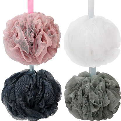 Picture of DadyMart Bath Shower Loofah Sponge 60g Bath Mesh Pouf Shower Ball Body Scrubber Exfoliating Bath Sponge for Women and Men, Set of 4, Drak Grey-Pink-Grey-White