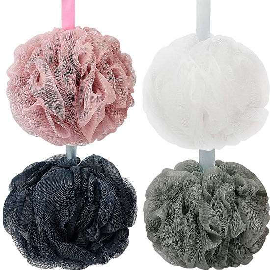 Picture of DadyMart Bath Shower Loofah Sponge 60g Bath Mesh Pouf Shower Ball Body Scrubber Exfoliating Bath Sponge for Women and Men, Set of 4, Drak Grey-Pink-Grey-White