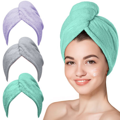 Picture of Hicober Microfiber Towel, Turbans for Wet Hair, Drying Wrap Towels for Curly Hair Women Towel Wrap for Kids-Purple,Green,Grey-Pack of 3