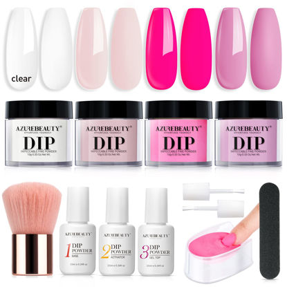 Picture of AZUREBEAUTY 12 Pcs Dip Powder Nail Kit Starter, Light/Hot Pink Clear White 4 Colors Acrylic Dipping Powder Liquid Set with Base/Top Coat Activator for French Nail Art Beginners Manicure Gift for Women