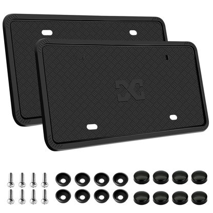 Picture of XCLPF Silicone Black License Plate Frame Covers 2 Pack- Front and Back Car Plate Bracket Holders. Rust-Proof, Rattle-Proof, Weather-Proof (Black)