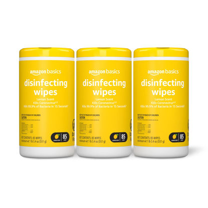 Picture of Amazon Basics Disinfecting Wipes, Lemon Scent, for Sanitizing, Cleaning & Deodorizing, 255 Count (3 Packs of 85) (Previously Solimo)