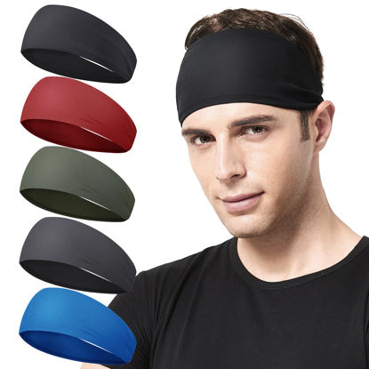 Picture of Acozycoo Mens Running Headband,5Pack,Mens Sweatband Sports Headband for Running,Cycling,Basketball,Yoga,Fitness Workout Stretchy Unisex Hairband (Black, red, Green, Dark Gray, Ocean Blue)