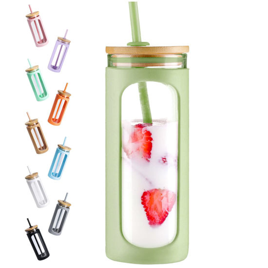 Picture of Kodrine Glass Tumbler with Straw and Lid, 20oz Glass Coffee Tumbler with Bamboo Lid, Iced Coffee Cup Silicone Protective Sleeve BPA Free- Daiquiri Green