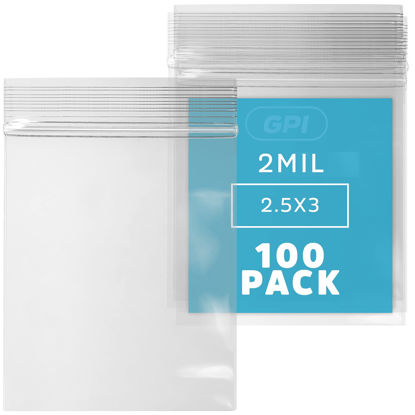 Picture of GPI - Pack of 100, 2.5" x 3" 2 mil Thick - Clear Plastic RECLOSABLE Zip Bags - Bulk, Strong Poly Baggies with Resealable Zip Top Lock for Pills, Meds, Jewelry, Travel, Storage, Packaging & Shipping