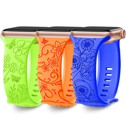 Picture of 3 Pack Floral Engraved Bands Compatible with Apple Watch Band 40mm 41mm 38mm 42mm 44mm 45mm 49mm Women,Soft Silicone Cute Wildflowers Sport Laser Strap for iWatch Bands Series Ultra SE 8 6 5 4 3 2 1