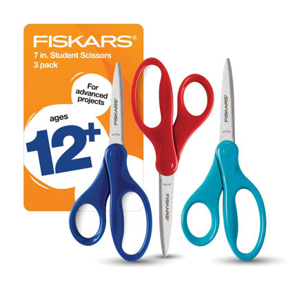 Picture of Fiskars 7" Student Scissors for Kids 12-14 (3-Pack) - Scissors for School or Crafting - Back to School Supplies - Red, Blue, Turquoise