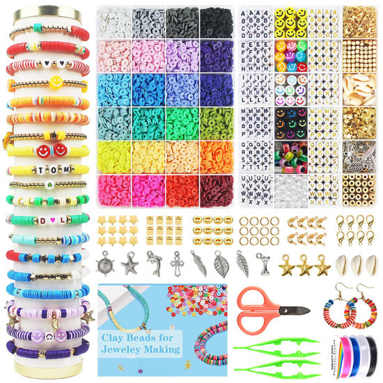 FZIIVQU 7200 Pcs Clay Beads 2 Boxes Friendship Bracelet Making Kit 24  Colors Letter Beads Flat Disc Heishi Clay Beads for Jewelry Making Preppy  Set