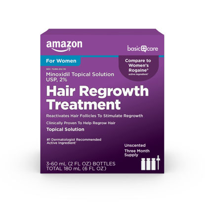 Picture of Amazon Basic Care Minoxidil Topical Solution USP, 2% Hair Regrowth Treatment for Women, 3-Month Supply, Unscented, 2 fl oz (Pack of 3)