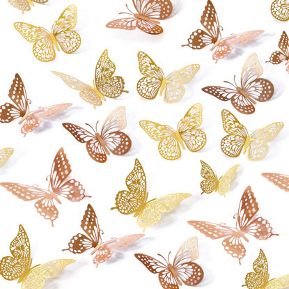 Picture of SAOROPEB 3D Butterfly Wall Decor, 48 Pcs 4 Styles 2 Color 3 Sizes, Removable Metallic Wall Sticker Room Mural Decals for Kids Bedroom Nursery Classroom Party Decoration Wedding Decor DIY Gift (2 Color)