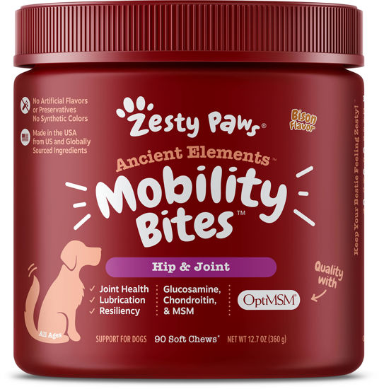 Picture of Zesty Paws Mobility Bites Dog Joint Supplement - Hip and Joint Chews for Dogs - Pet Products with Glucosamine, Chondroitin, & MSM + Vitamins C and E for Dog Joint Relief - AE - Bison - 90 Count