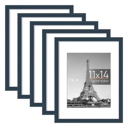 Picture of upsimples 11x14 Picture Frame Set of 5, Display Pictures 8x10 with Mat or 11x14 Without Mat,Wall Gallery Photo Frames, Navy Blue