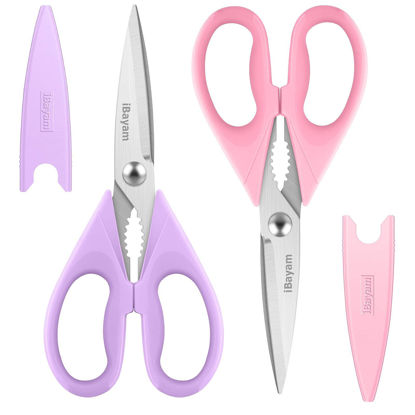 Picture of Kitchen Shears, iBayam Kitchen Scissors Heavy Duty Meat Scissors Poultry Shears, Dishwasher Safe Food Cooking Scissors All Purpose Stainless Steel Utility Scissors, 2-Pack, Pastel Pink, Soft Purple