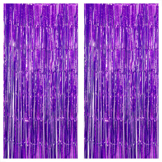 Picture of KatchOn, XtraLarge Purple Foil Fringe Curtain - 8x6.4 Feet Pack of 2, Purple Party Decorations | Purple Backdrop Curtain, Mermaid Birthday Decorations | Purple Streamers, Purple Birthday Decorations