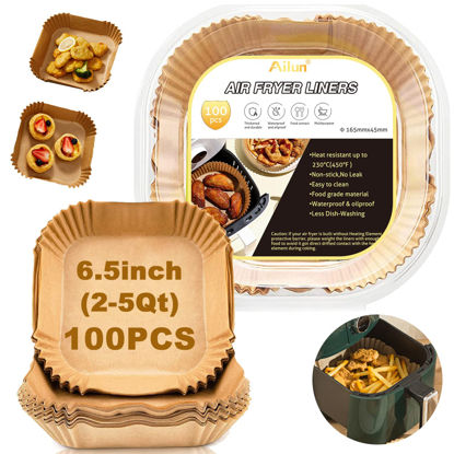 Picture of Ailun 6.5inch Square Air Fryer Disposable Paper Liners, 100PCS Non-Stick Air Fryer Parchment Liner, Oil Resistant, Waterproof, Food Grade Baking Paper for 2-5 QT Air Fryer Baking Roasting Microwave