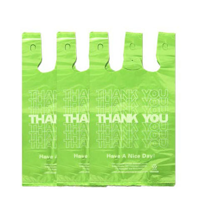 Picture of YoYoRain Green Thank you bags, 100PCS T shirt bags, To Go Bags,Grocery bags, Reusable and Disposable,Perfect for Small Business,Take Out,Retail,Large