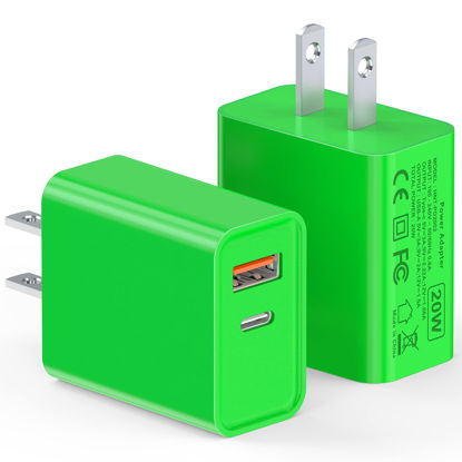 Picture of USB C Wall Charger, LCGENS 2-Pack 20W Type C Fast Charger Block Plug Dual Port PD + QC3.0 USBA Charging Brick Cube for iPhone, iPad, Samsung Galaxy, Google Pixel, Motorola, Huawei, Bright Green