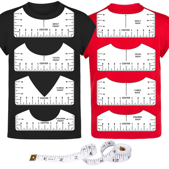 Picture of 9Pcs Tshirt-Ruler Guide to Center Vinyl, Transparent V-Neck/Round PVC Ruler for Alignment, Heat Press, Children Youth Adult, Front and Back Measurement (10in)