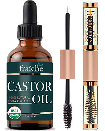 Picture of Castor Oil (2oz) + Filled Mascara Tube USDA Certified Organic, 100% Pure, Cold Pressed, Hexane Free by Live Fraiche. Stimulate Growth for Eyelashes, Eyebrows, Hair. Lash Growth Serum. Brow Treatment