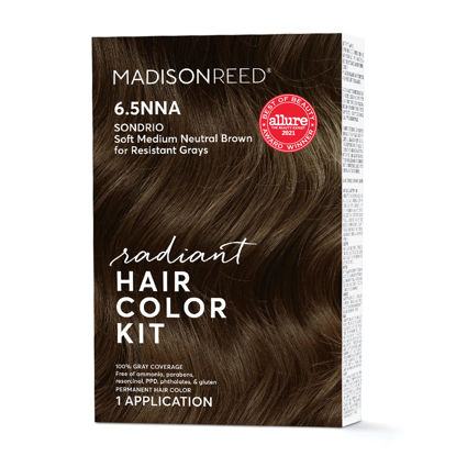Picture of Madison Reed Radiant Hair Color Kit, Soft Medium Neutral Brown for 100% Coverage of Resistant Gray Hair, Ammonia-Free, 6.5NNA Sondrio Brown, Permanent Hair Dye, Pack of 1