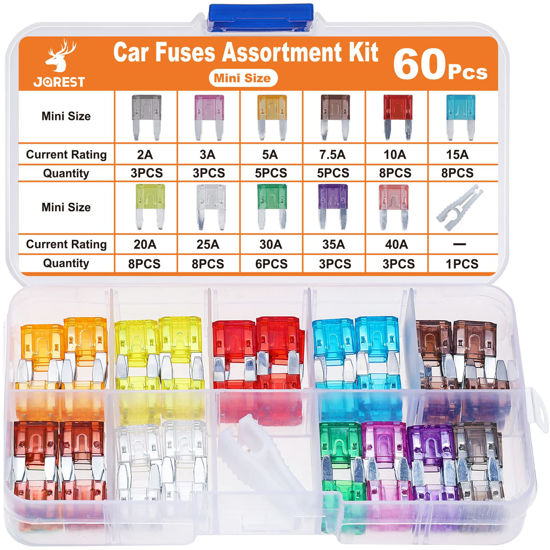 GetUSCart- JOREST 60Pcs Car Fuse Kit - Replacement Fuses Assortment Kit for  Car/RV/Truck/Motorcycle(2Amp 3A 5A 7.5A 10A 15A 20A 25A 30A 35A 40A) - Mini  Blade Fuses Automotive + Auto Fuse Puller