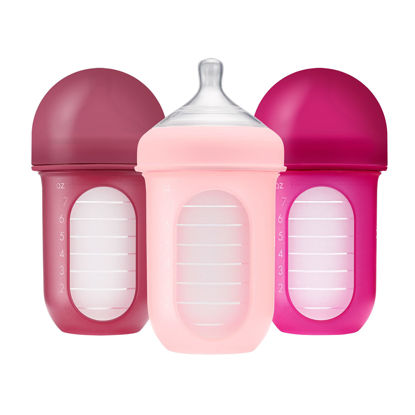 Picture of Boon Nursh Stage 2 Medium Flow Reusable Silicone Baby Bottles with Collapsible Silicone Pouch Design - Everyday Baby Essentials - Pink - 8 Ounce - 3 Count