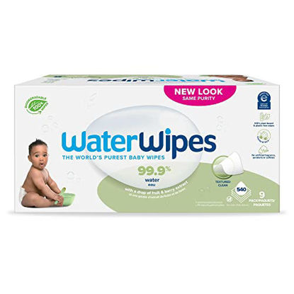 Picture of WaterWipes Plastic-Free Textured Clean, Toddler & Baby Wipes, 99.9% Water Based Wipes, Unscented & Hypoallergenic For Sensitive Skin, 540 Count (9 Packs), Packaging May Vary