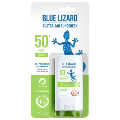 Picture of BLUE LIZARD Mineral Sunscreen Stick with Zinc Oxide SPF 50+ Water Resistant UVA/UVB Protection Easy to Apply Fragrance Free, Kids, Unscented, 0.5 oz