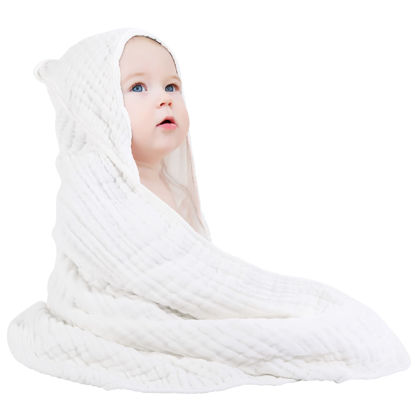 Picture of Yoofoss Hooded Baby Towels for Newborn 100% Muslin Cotton Baby Bath Towel with Hood for Babies, Infant, Toddler and Kids, Large 32x32Inch, Soft and Absorbent Newborn Essential