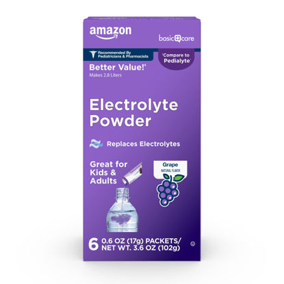 Picture of Amazon Basic Care Electrolyte Powder Packets for Rehydration, Grape, 6 Count (Pack of 1)